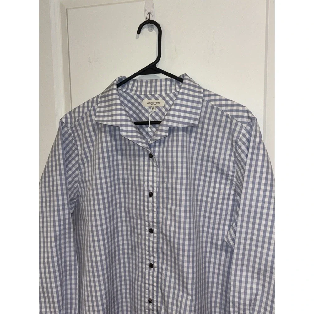 LAFAYETTE 148 GINGHAM COTTON POPLIN NOTCHED SHAWL COLLAR SHIRT 2XL $359 EUC - Picture 12 of 13